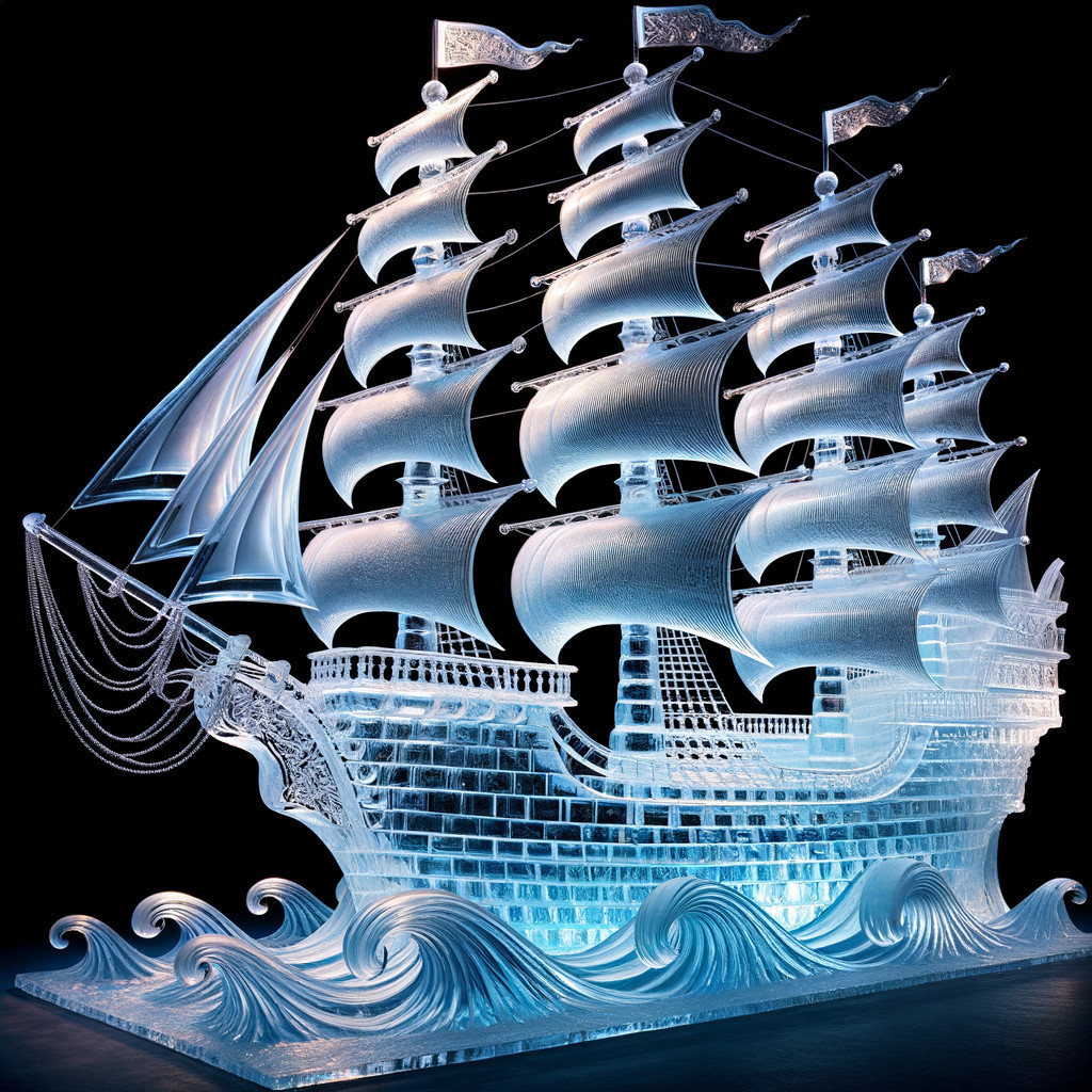 Intricately Carved Ice Sculpture of a Tall Ship