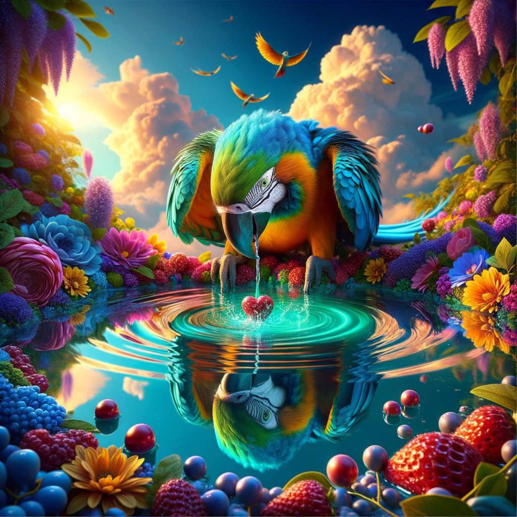 Majestic Parrot by Shimmering Pool at Sunset