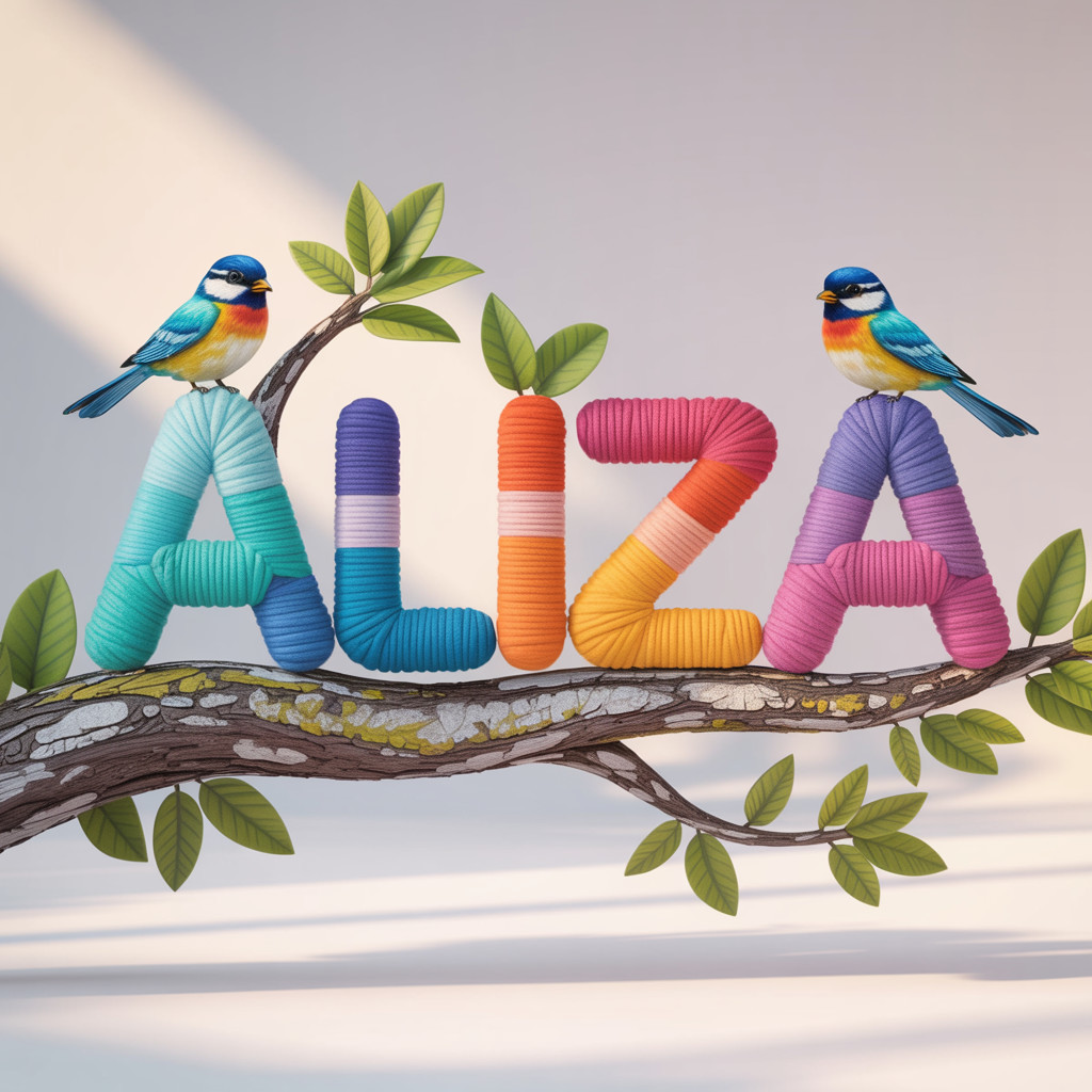 Colorful Yarn Name with Birds and Green Leaves