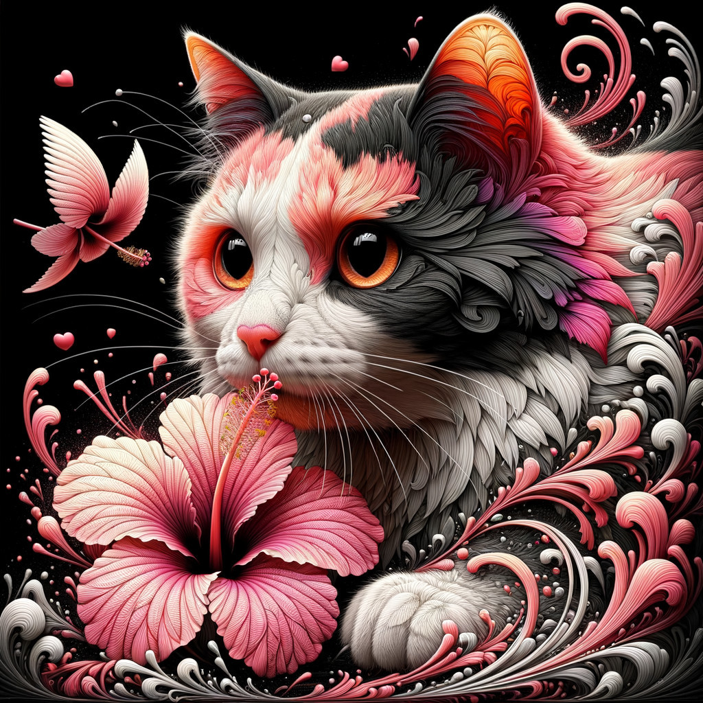 Calico Cat Surrounded by Floral Elements and Colors