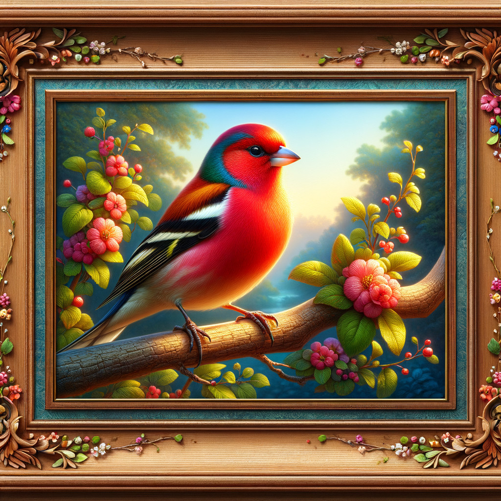 Vibrant Bird on Branch with Pink Flowers and Frame
