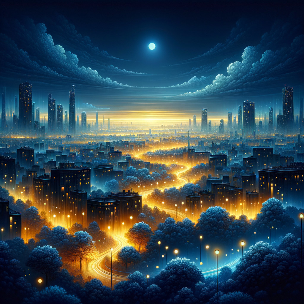 Nighttime Cityscape with Illuminated Skyline and River