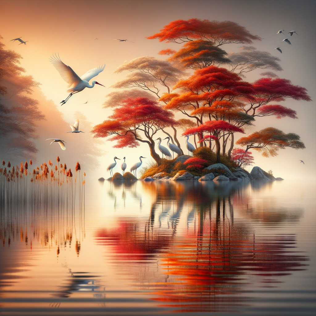 Autumn Island Landscape with Cranes and Reflections