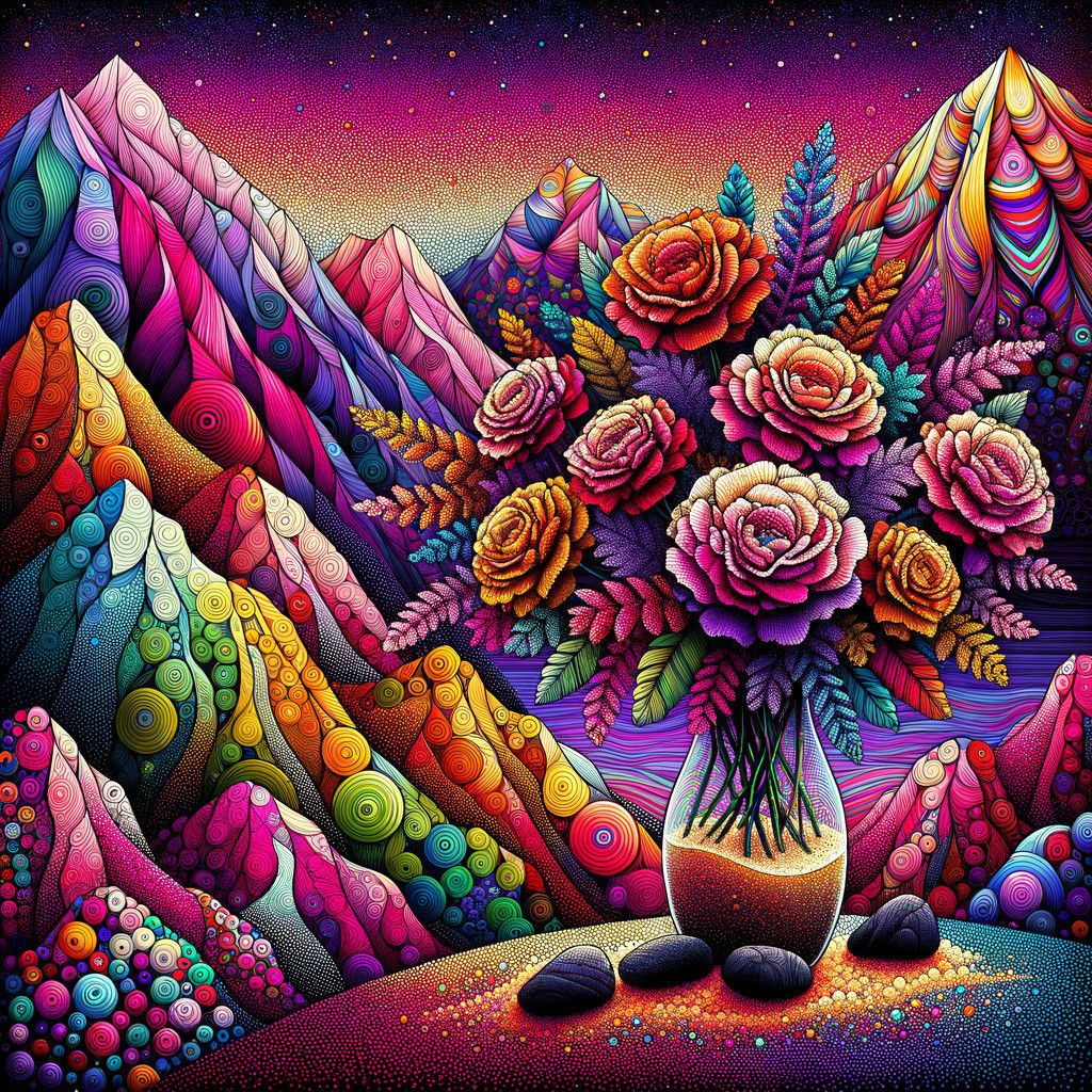 Surreal Bouquet of Roses with Colorful Foliage and Mountains
