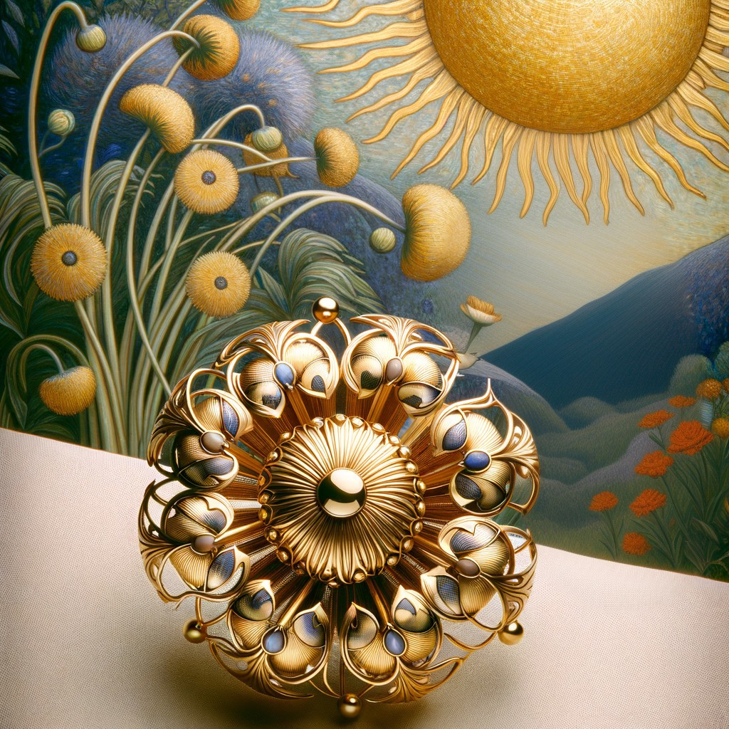 Golden Floral Brooch with Blue Gemstones and Sun Motif