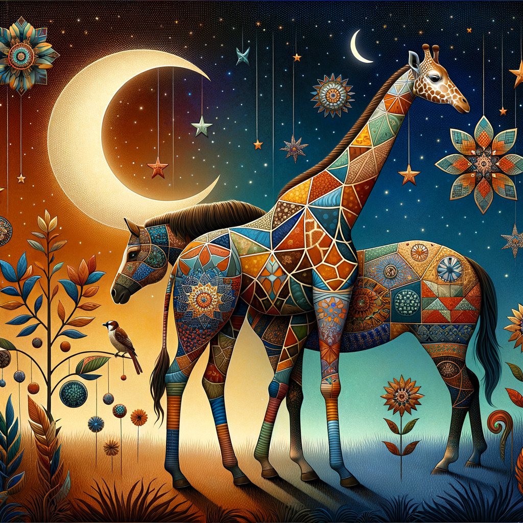 Stylized Giraffe and Horse Under Crescent Moon
