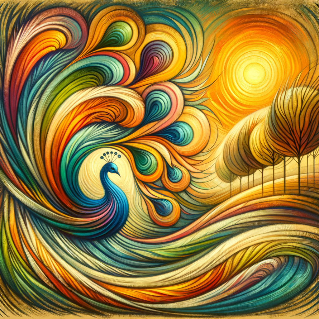 Vibrant Landscape with Peacock and Sunset Background