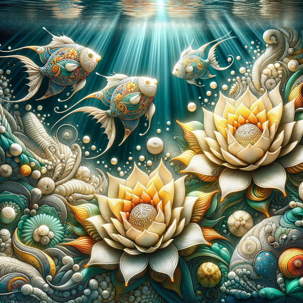 Underwater Scene with Golden Lotus Flowers and Fish