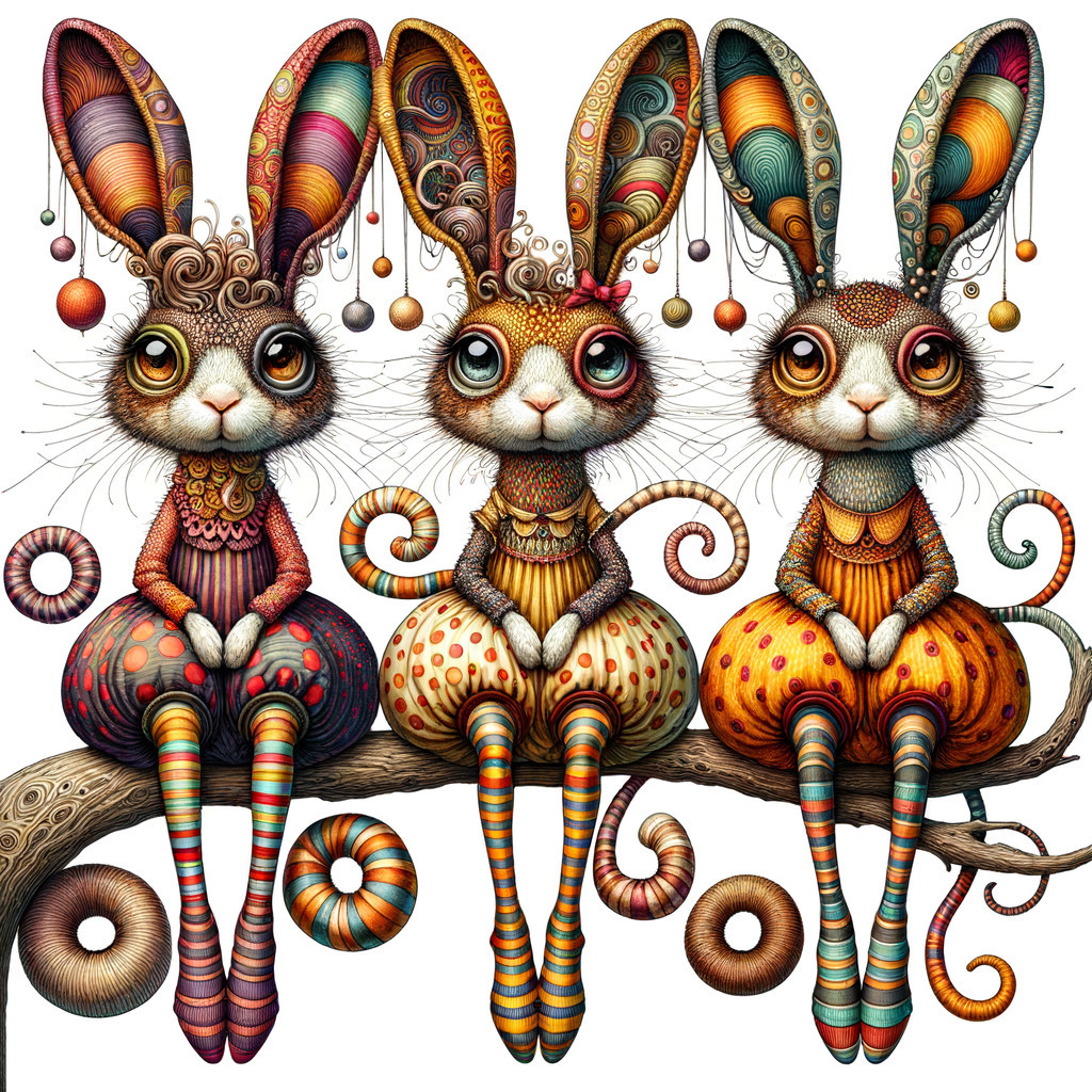 Whimsical Rabbits on a Branch in Colorful Dresses