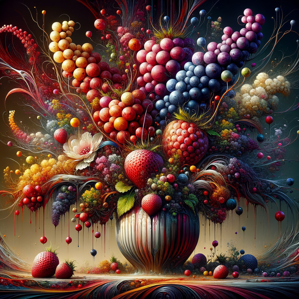 Vibrant Floral Arrangement with Colorful Fruits and Patterns