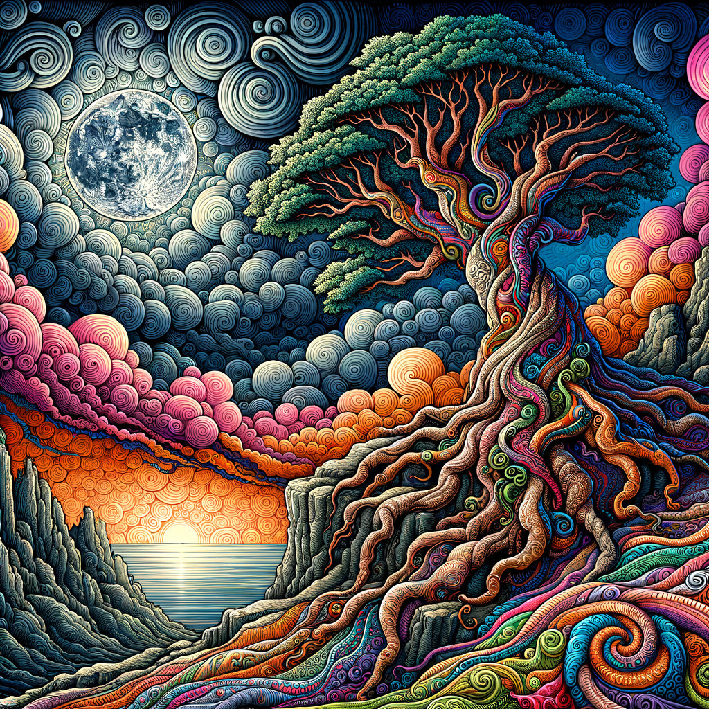 Vibrant Landscape with Majestic Tree and Moonlit Sea
