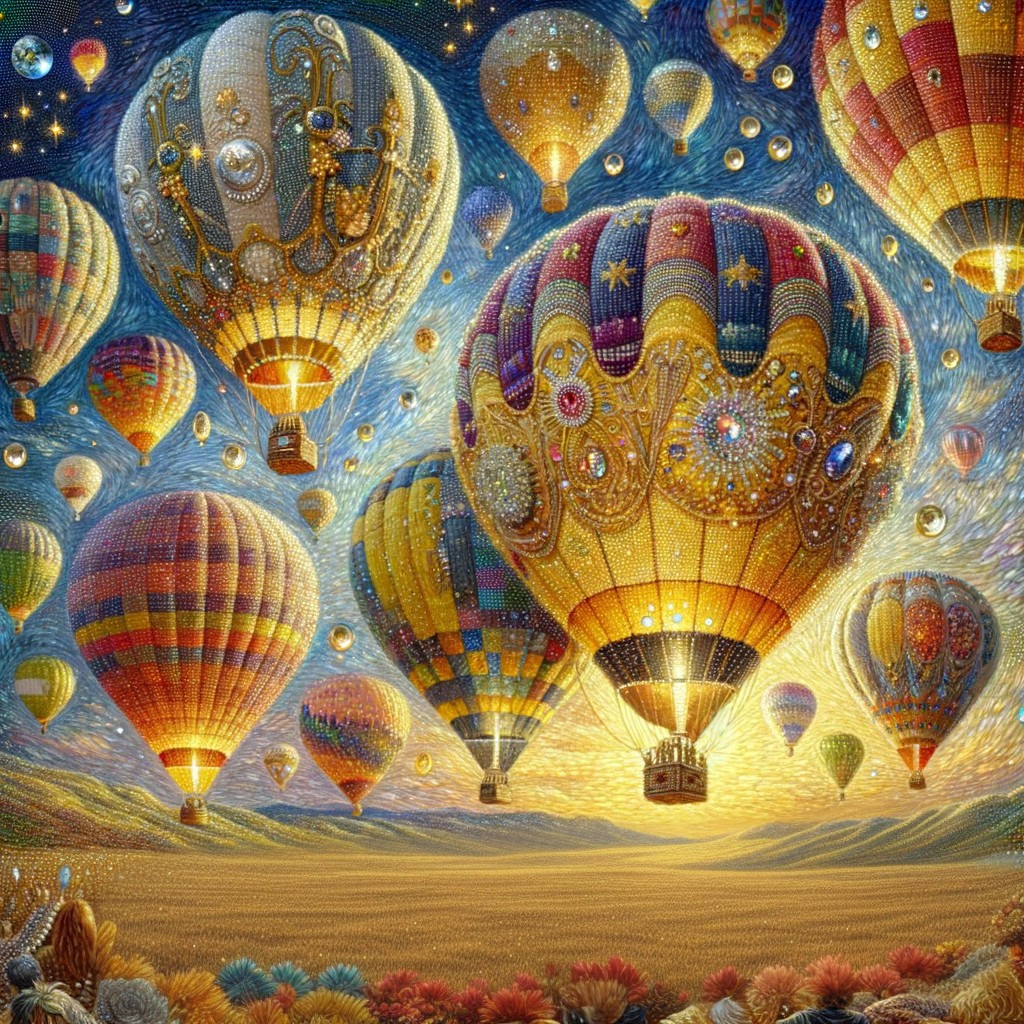 Colorful hot air balloons over golden field under starry sky