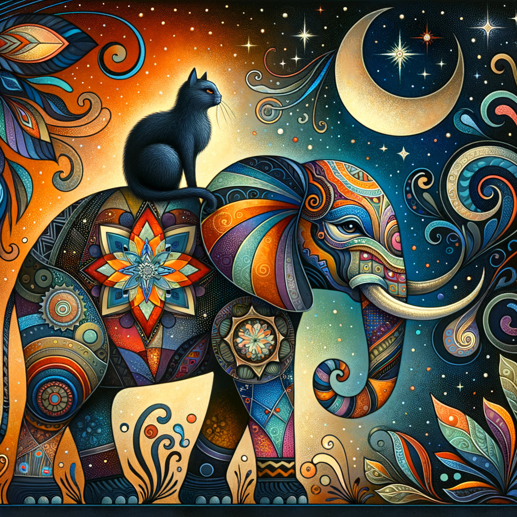 Intricately Patterned Elephant with Black Cat in Whimsical Scene