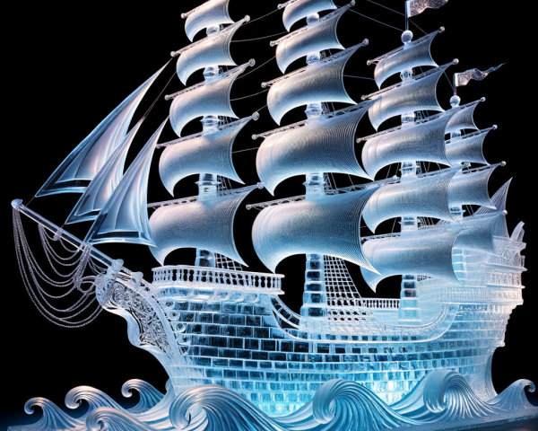 Intricately Carved Ice Sculpture of a Tall Ship