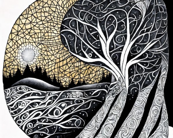 Stylized Black and White Landscape with Golden Sun
