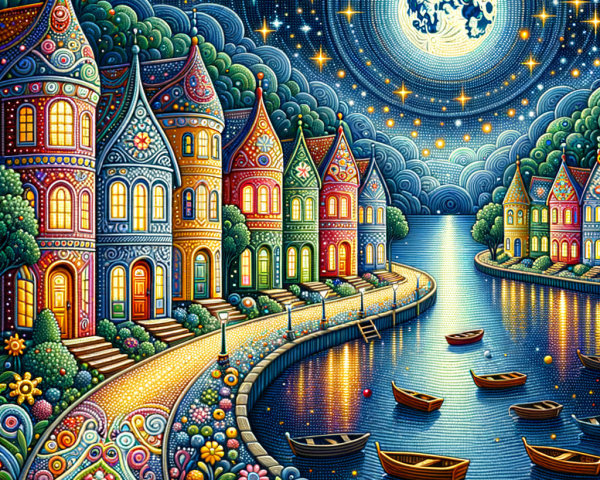 Whimsical Night Scene with Colorful Houses and River