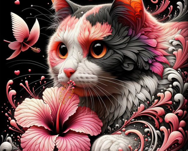 Calico Cat Surrounded by Floral Elements and Colors