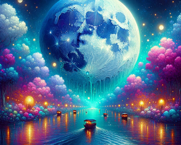 Surreal Landscape with Luminous Moon and River