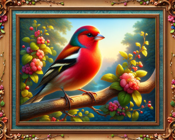 Vibrant Bird on Branch with Pink Flowers and Frame
