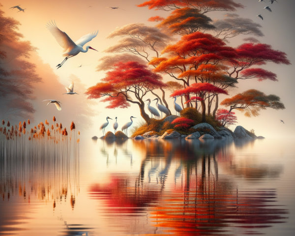 Autumn Island Landscape with Cranes and Reflections