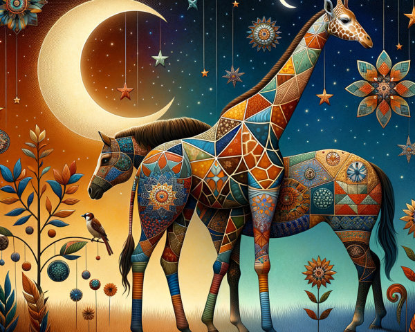 Stylized Giraffe and Horse Under Crescent Moon
