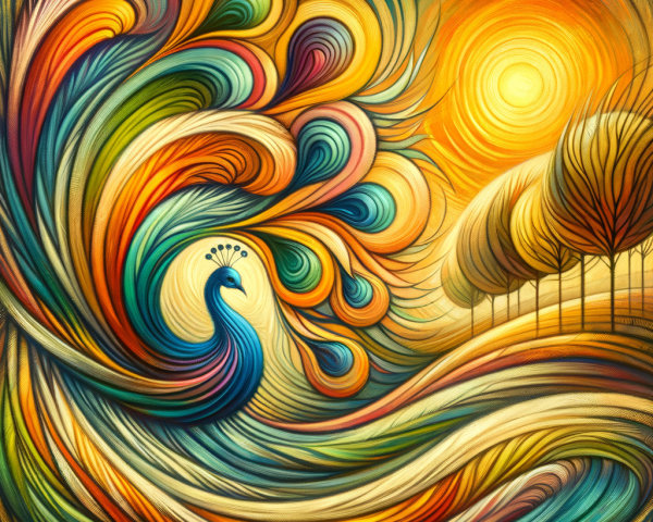 Vibrant Landscape with Peacock and Sunset Background