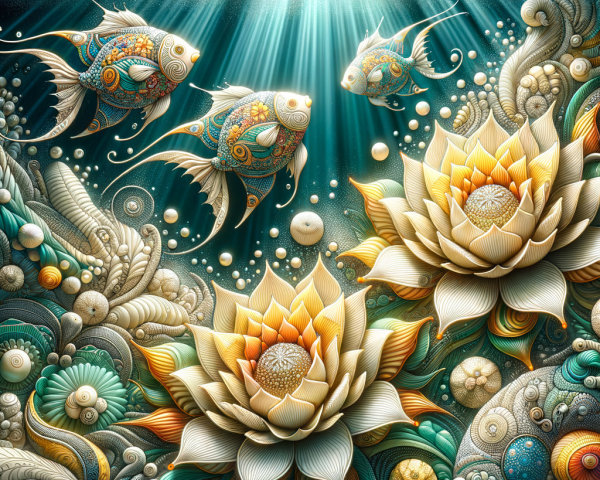 Underwater Scene with Golden Lotus Flowers and Fish