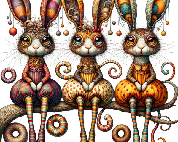 Whimsical Rabbits on a Branch in Colorful Dresses