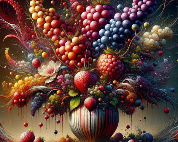Vibrant Floral Arrangement with Colorful Fruits and Patterns