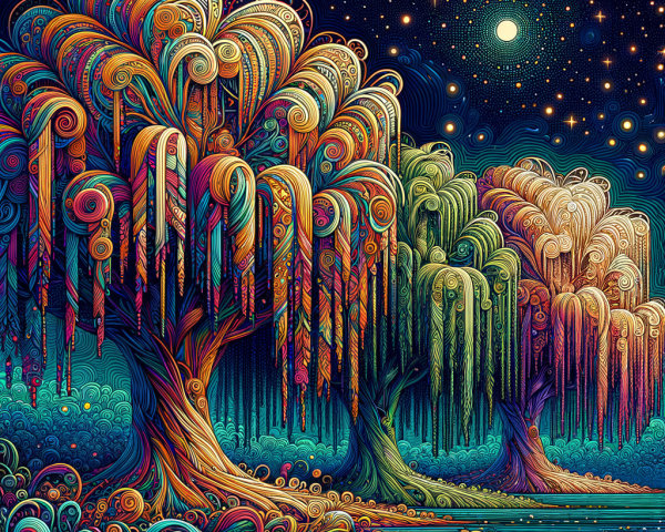 Vibrant Whimsical Landscape with Colorful Trees and Stars