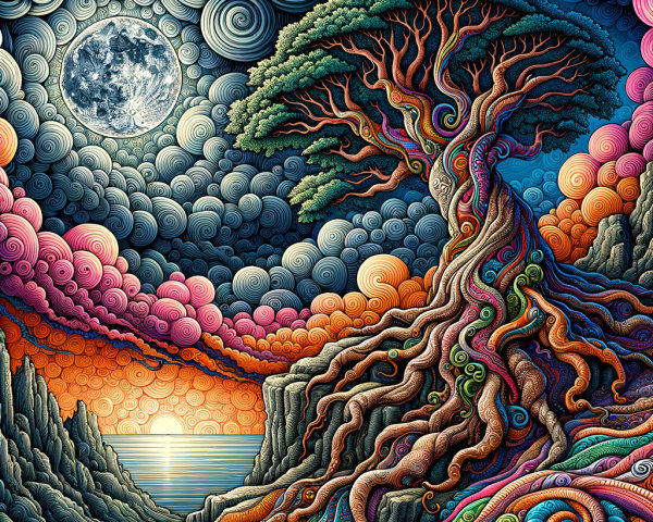 Vibrant Landscape with Majestic Tree and Moonlit Sea