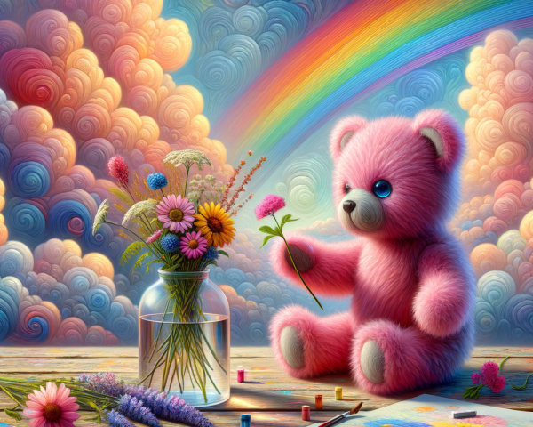 Pink Teddy Bear in Whimsical Colorful Setting