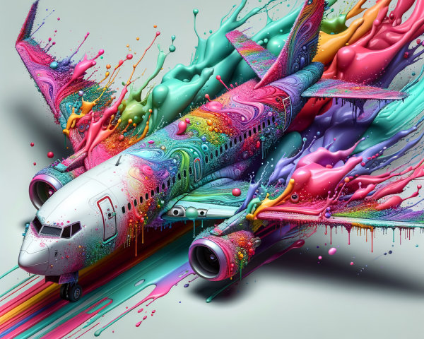 Surreal Airplane Surrounded by Colorful Paint Explosion