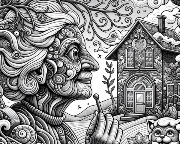 Whimsical Black-and-White Illustration of an Elderly Woman