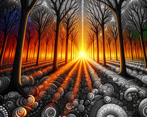 Forest Scene with Black Trees and Vibrant Sunset