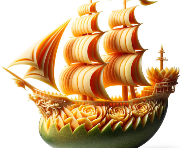 Melon Ship Sculpture with Intricate Carvings and Roses