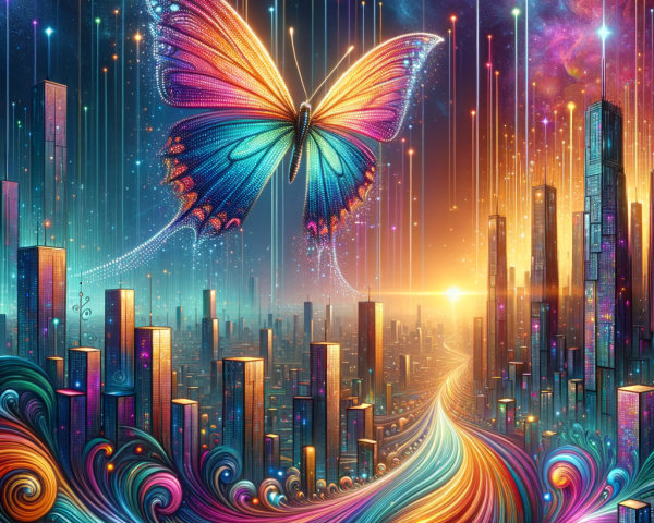 Vibrant Butterfly Over Abstract Colorful Cityscape
