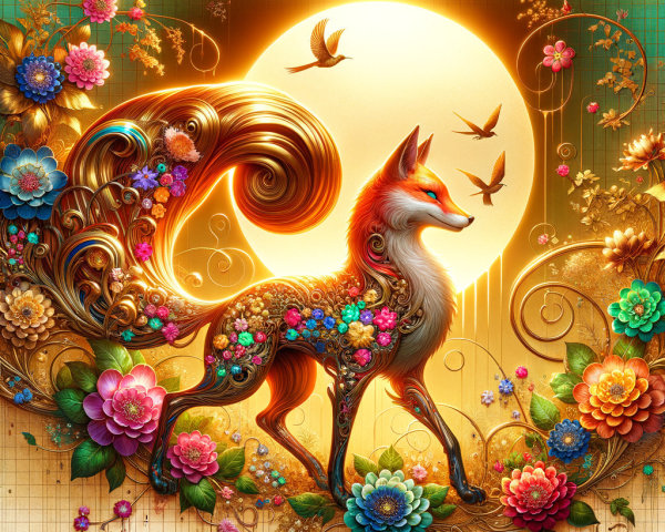 Mystical fox with floral designs in sunset scene