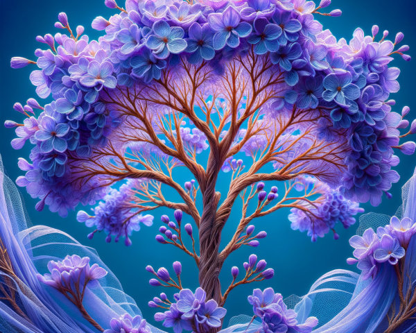 Vibrant Tree with Purple Blossoms on Blue Background