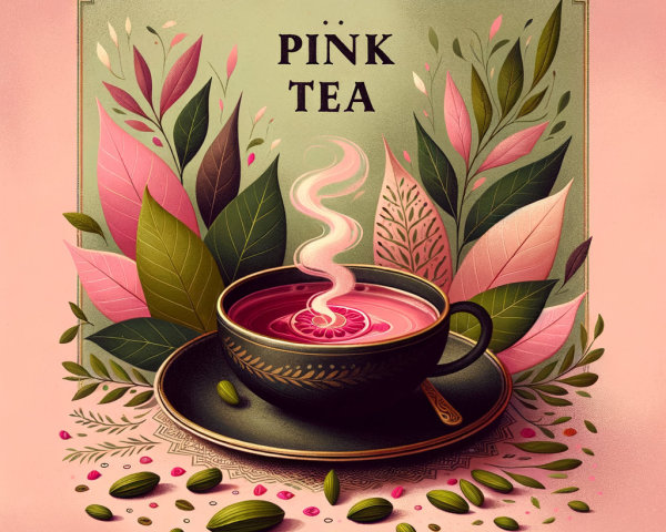 Vibrant Illustration of Pink Tea with Herbs and Flowers