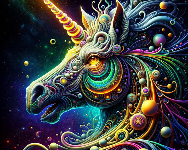 Vibrant Unicorn in Cosmic Background with Colorful Mane