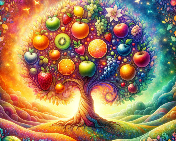 Surreal Tree with Colorful Fruits in Cosmic Setting
