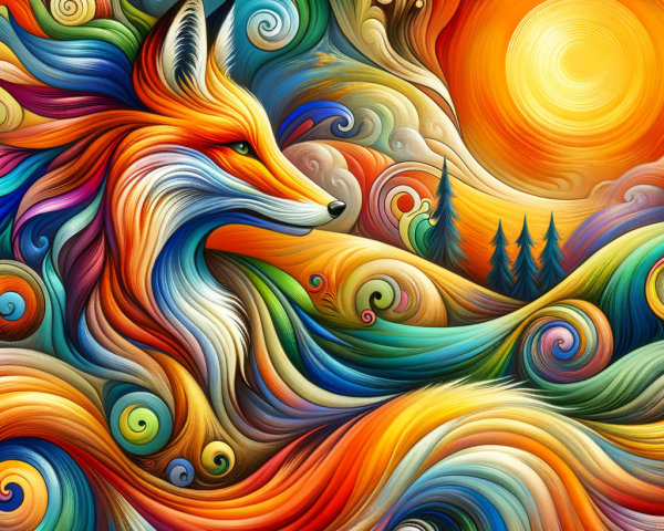 Colorful Illustration of a Fox Amid Sunset Waves