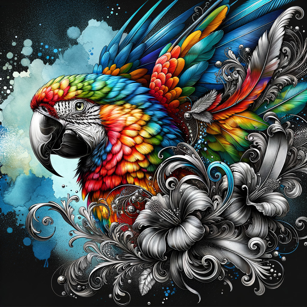 Vibrant Parrot with Colorful Feathers and Floral Designs