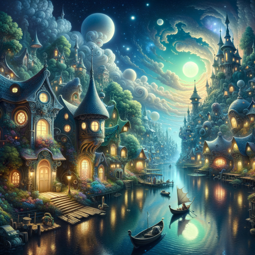 Enchanted Village with Spiraled Rooftops and River