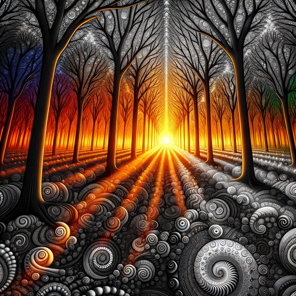 Forest Scene with Black Trees and Vibrant Sunset
