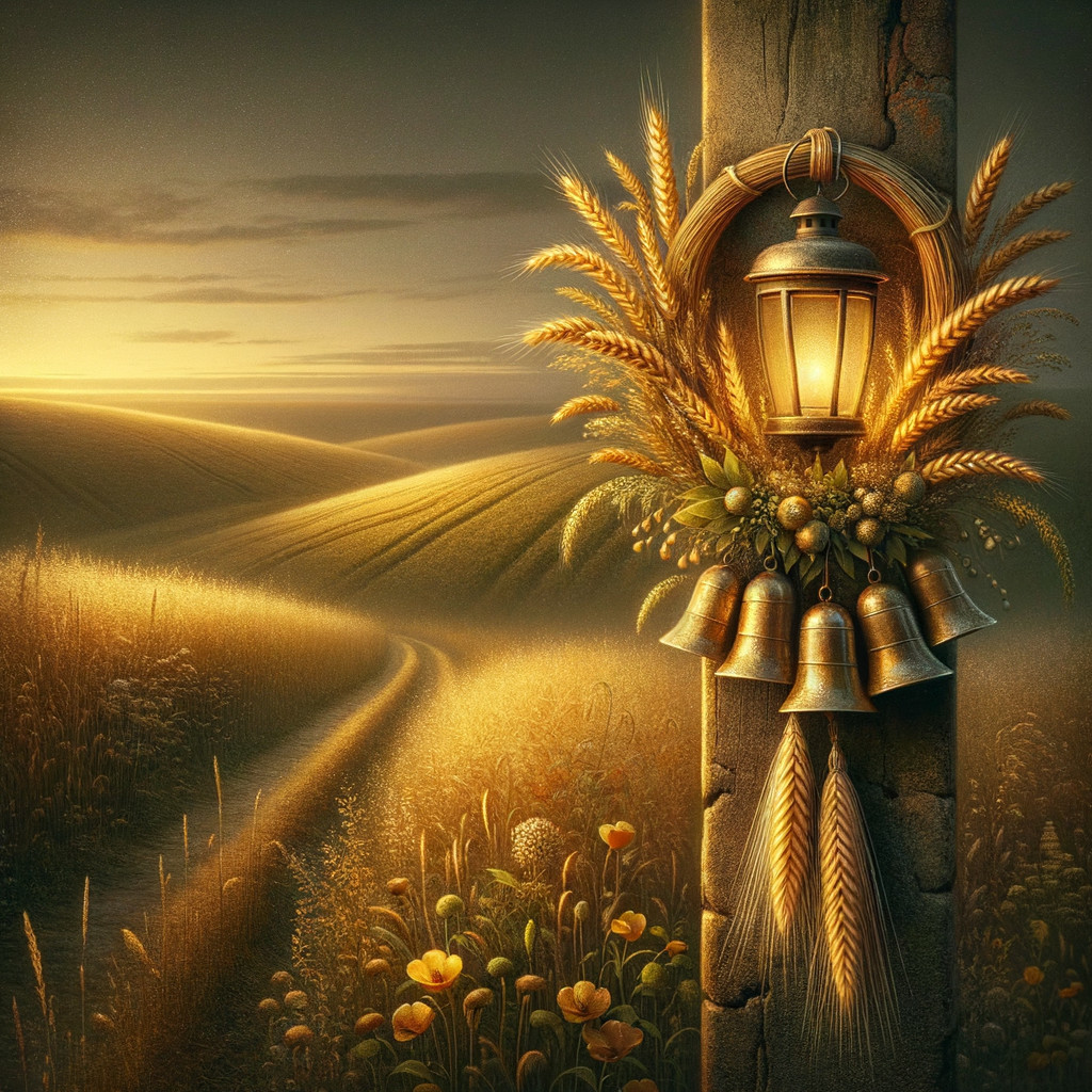 Serene Countryside Sunset with Wheat Wreath and Lantern