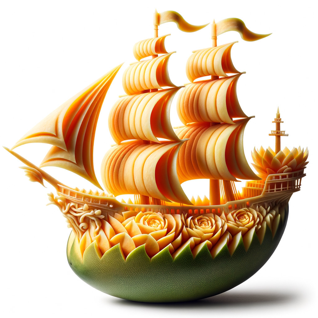 Melon Ship Sculpture with Intricate Carvings and Roses