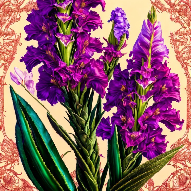Vibrant Purple Flowers with Green Leaves Composition