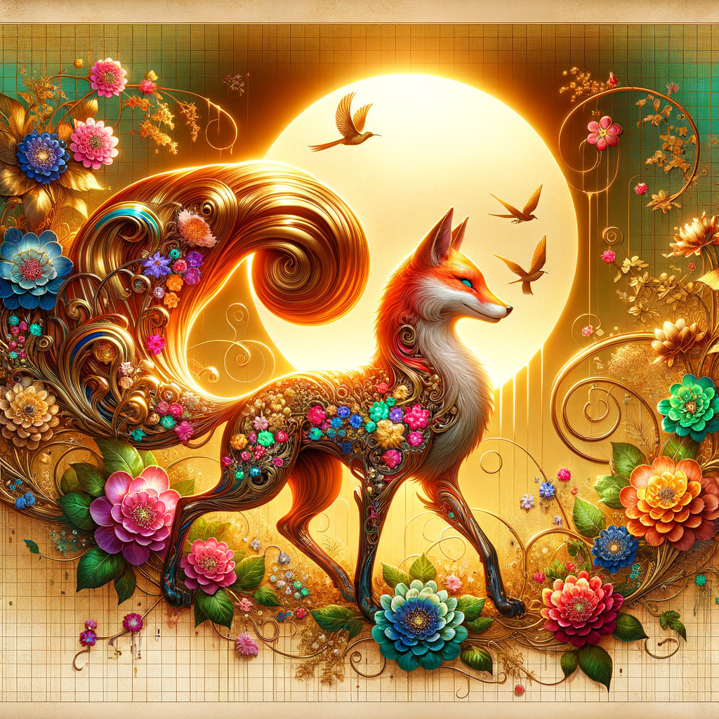 Mystical fox with floral designs in sunset scene